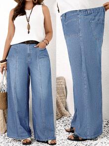 EMERY ROSE EMERY ROSE Plus Size Straight Loose Casual Jeans With Pockets, Versatile For Daily Wear, Summer - Light Wash - View 3
