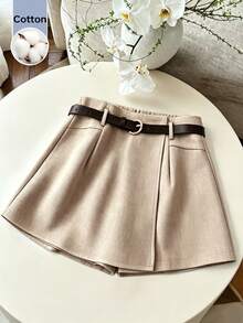 Franclia Quần short nữ kiểu Pháp, màu trơn, kiểu dáng thường ngày, có thắt lưng. - Màu Khaki - Xem 3