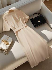 EMERY ROSE Women's Solid Color Round Neck Short Sleeve Single Breasted Elegant Mid-Length Dress - Coffee - View 2