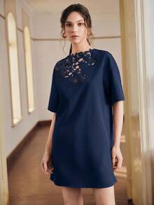 Anewsta Solid Color Loose Lace Patchwork Short Sleeve Straight Dress For Women - Navy Blue - View 4