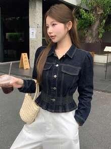 DAZY 女款韓式修身休閒牛仔上衣，夏季 - 藍色 - 查看 4