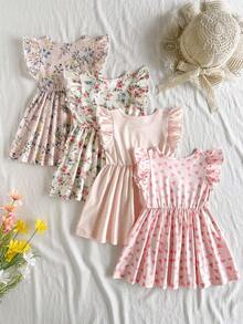 Vintaside Kids 4件/套女嬰夏季洋裝，多色可選，甜美清新風格，花卉愛心波點印花，荷葉袖收腰A字裙，適合日常出遊、休閒旅行、家庭聚會、拍照和派對 - 彩色 - 查看 2