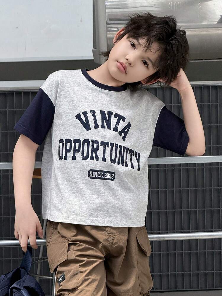 Tween Boy Summer Casual Sporty Colorblock Letter Print Round Neck Short Sleeve T-Shirt
