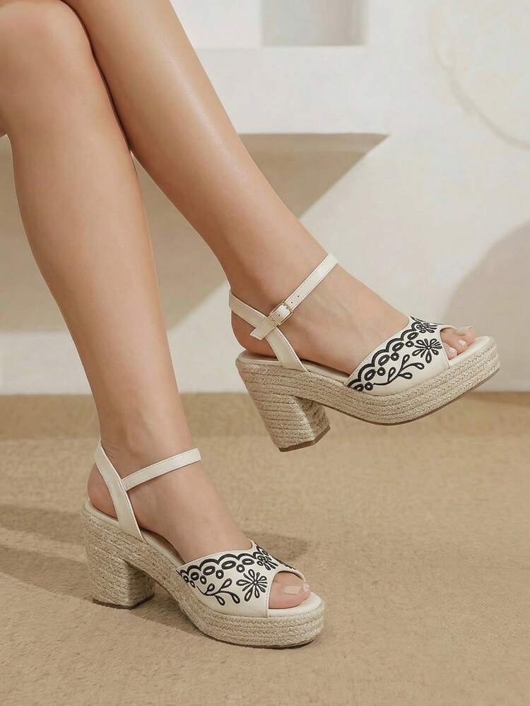 Styleloop 女士坡跟厚底凉鞋 夏季露趾度假鞋 波西米亚风麻绳编织厚底凉鞋 交叉绑带草编凉拖鞋，营造度假氛围，夏季穿着，旅行必备 - 米色+藍色 - 查看 1