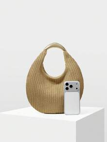 MOTF Bolso de mano tejido de mujer en color caqui, con asa de herrajes exquisitos, bolso redondo simple y ligero para ir al trabajo, adecuado para vacaciones de verano, viajes, ocio, playa, , combinable - Caqui - Ver 4