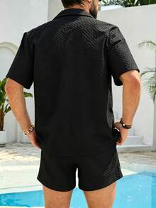 Azuldrift Men's Solid Color Shirt And Shorts Black Summer Casual Tropical Beach Vacation Set Matching Swimwear For Couples Hawaii Outfits Pool Suit - Black - View 3
