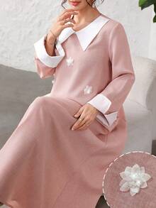Yasmyna 优雅女士彼得潘领3D立体花卉撞色宽松长袖喇叭连衣裙 - 彩色 - 查看 7