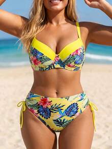 Slaydiva 2026 Plus Size CURVE Tropical Print Double Strap Summer Beach Vacation European & American Plus Size Swimwear Set - Yellow - View 1