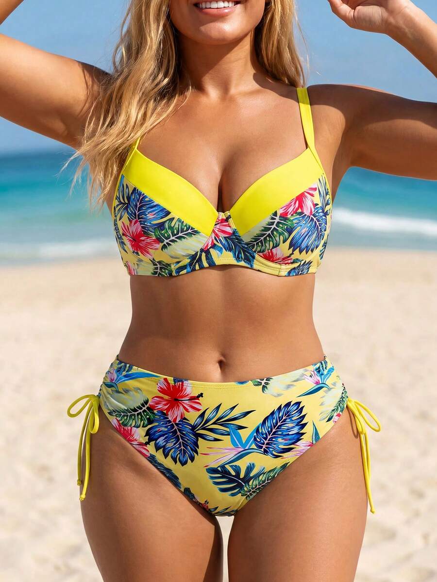 Slaydiva 2026 Plus Size CURVE Tropical Print Double Strap Summer Beach Vacation European & American Plus Size Swimwear Set - Yellow - View 1