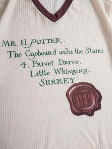 HARRY POTTER X SHEIN 男士标语印花短袖T恤和抽绳腰短裤套装 - 杏色 - 查看 5