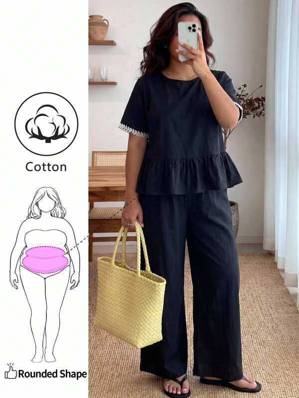 Enliva Plus Size Casual Woven Short Sleeve Colorblock Decor Top And Pants 2 Pieces Set, Suitable For Daily Wear And Vacation, For Apple And Rounded Body Shape