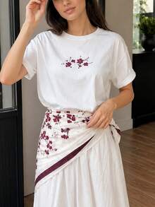 Mulvari Chân váy chữ A xếp ly in hoa dành cho nữ, kiểu dáng thường ngày, đa năng, thích hợp cho hẹn hò và đi chơi. - trắng - Xem 5