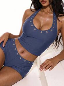 Oceva 2pcs Women's Camisole With Tie, Eyelet Trim Set - Dusty Blue - View 3