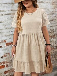 SHEIN LUNE Plus Size Solid Color Round Neck Embroidered Casual Short Sleeve Dress, Summer - Apricot - View 3