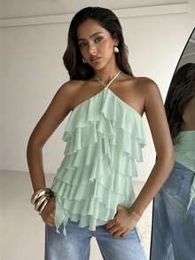 Aloruh Women's Elegant Romantic Tie-Up Neck Multi-Layer Ruffle Trim Teal Vacation & Date Top - Teal Blue - View 6