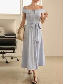DAZY Vestido Azul Listrado Sem Alças com Laço, Sem Mangas, Adequado para Vestidos de Verão Primavera e Verão para Mulheres - Azul - Visão 3