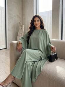 Auveirra Women's Solid Color Asymmetric Hem Shirt And Wide Leg Pants Casual 2 Pieces Set Zoo Outfits Women - Olive Green - View 4