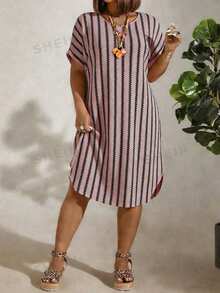 Linhara CURVE Plus Size Women's Knitted Jacquard Contrast Stripe Round Neck Short Sleeve Pullover Dress,Dusty Pink,Summer,Boho,Vacation,Holiday,Mid-Length - Pink - View 3