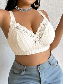 DesireSculpt 1pc Plus Size Lace Patchwork Wireless Bra - Apricot - View 7