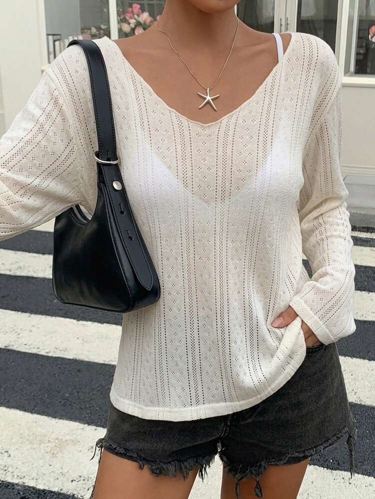 Women's Loose Fit Deep V-Neck Long Sleeve Sheer Casual Top, Urban Street Style T-Shirt For Summer