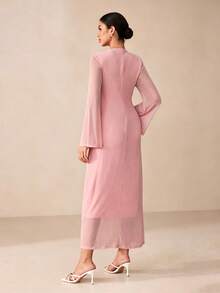 Graceveil Women's French Style Dusty Pink Mesh Maxi Dress, High Neck Flare Sleeve Slim-Fit Long Formal Evening Gown Tea Party Autumn Modest - Pink - View 3