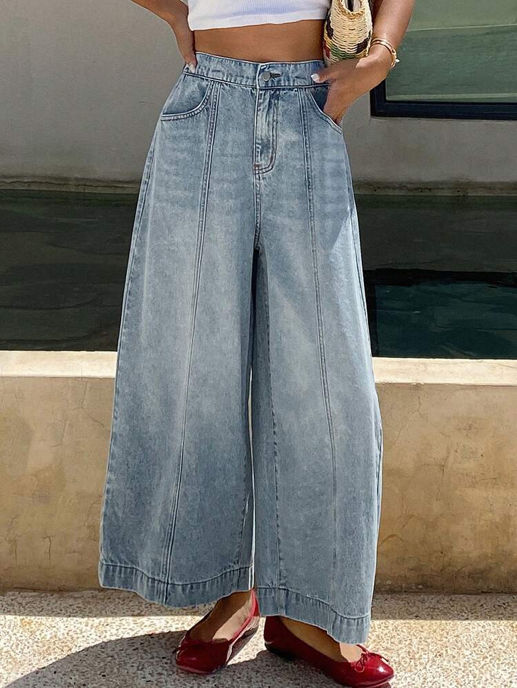 Livesso Quần jeans nữ cạp cao dáng rộng ống rộng có túi bên hông - trắng - Xem 1