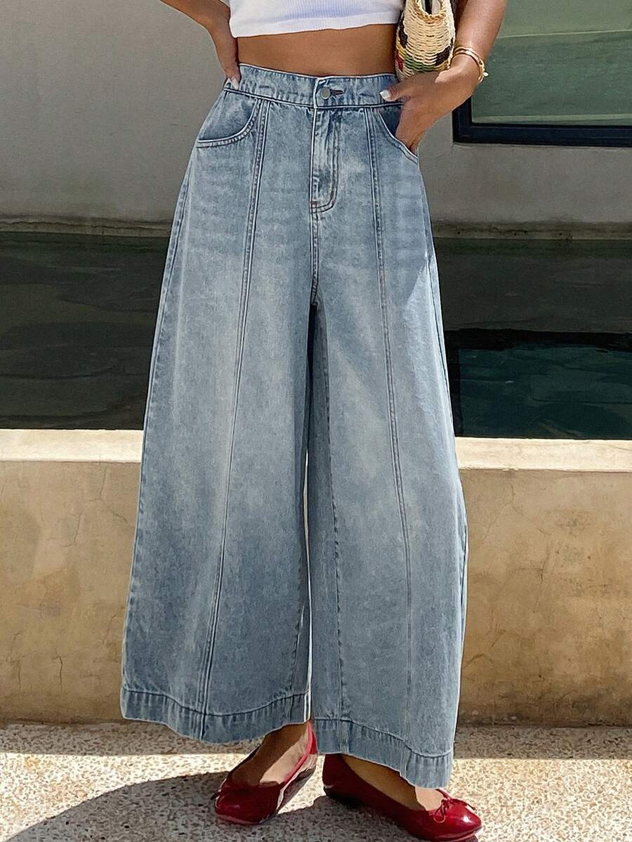 Livesso Quần jeans nữ cạp cao dáng rộng ống rộng có túi bên hông - trắng - Xem 1