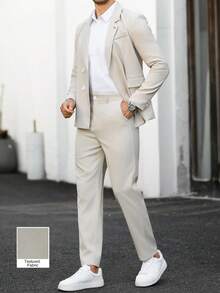 Manfinity Mode 男士隱扣雙排扣西裝套裝，商務休閒 2 件式正式穿著，適合婚禮、工作、送給男友/丈夫的禮物、老錢風、儀式 - 卡其色 - 查看 3