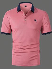 Manfinity Homme Men's Business Casual Knight Pattern Print Short Sleeve Button-Up Polo Shirt - Hot Pink - View 8