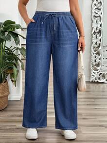 EMERY ROSE EMERY ROSE Jeans casuales sueltos de talla grande con bolsillo de torsión y unicolor - Azul lavado medio - Ver 3