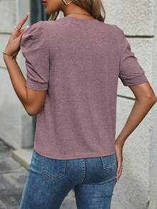 EMERY ROSE Women's Solid Color Round Neck Short Puff Sleeve Casual T-Shirt - Red Violet - View 2
