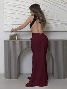Jemour High-End Black & White Contrast Color Elegant Sexy Backless Maxi Dress, Fashion Metal Buckle Decor, Ruched Bodycon Design, Suitable For Romantic Date, Wedding, Bridesmaid, Formal Party, Work Commute, Resort Evening, Beach Vacation,Summer Dresses For Women - Red and Black - View 2