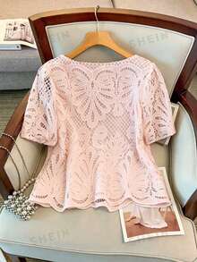 GlowEve CURVE Fashionable Elegant Square Collar Short Sleeve Light Pink Hollow Lace Blouse, Spring/Summer Plus Size Date Brunch Dinner Night Wedding - Baby Pink - View 2