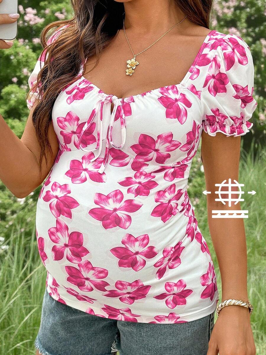Lyckli Maternity Floral Print Short Sleeve T-Shirt - Pink - View 1