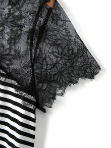 GlowEve CURVE Plus Size Black And White Lace Patchwork Sheer Short Sleeve T-Shirt Club Summer Sexy - Multicolor - View 5