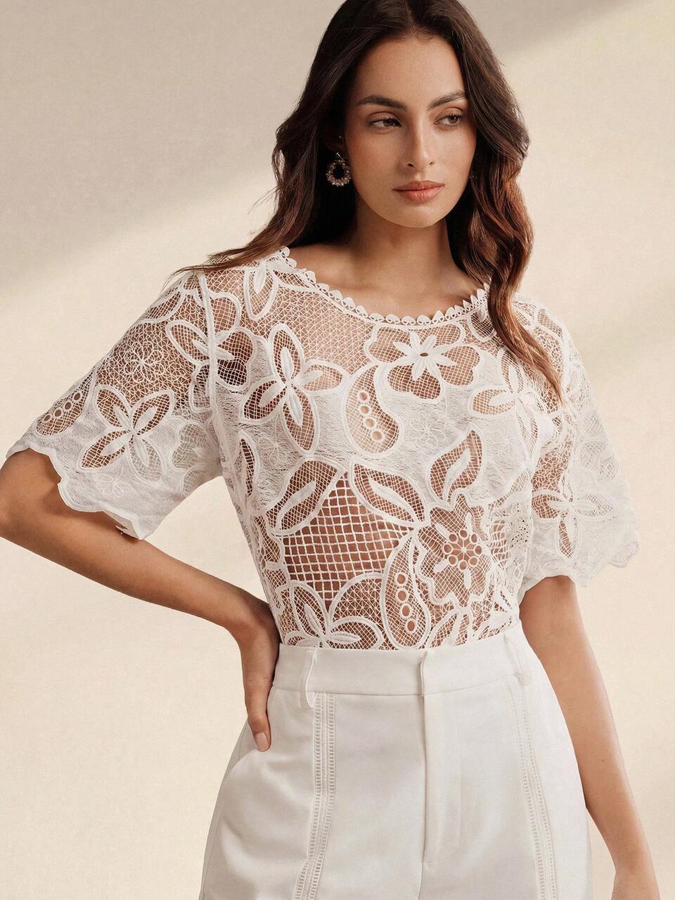 Anewsta Blusa elegante de mujer con corte holgado, cuello redondo y mangas rectas de encaje