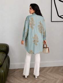 Solavon Plus Size Women Floral Print Long Sleeve Button Mandarin Collar Blouse - Multicolor - View 3
