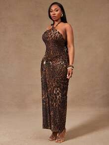 Radiana Plus Size Women's Brown Elegant Summer Leopard Print Halter Tie Bodycon Ruched Metal Decor Dress For Night Out Club,Prom Gathering Banquet Party - Multicolor - View 6
