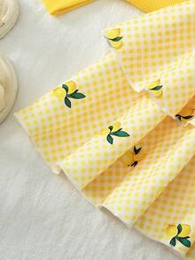 Souflis Souflis Young Girls 2pcs Lemon Print Outfit Set, Ruffled Collar Sleeveless Top + Layered Lemon Print Skirt, Bright Color, Sweet Casual Suit For Daily Wear, Party, Vacation, Ideal Summer Outfit - Yellow - View 6