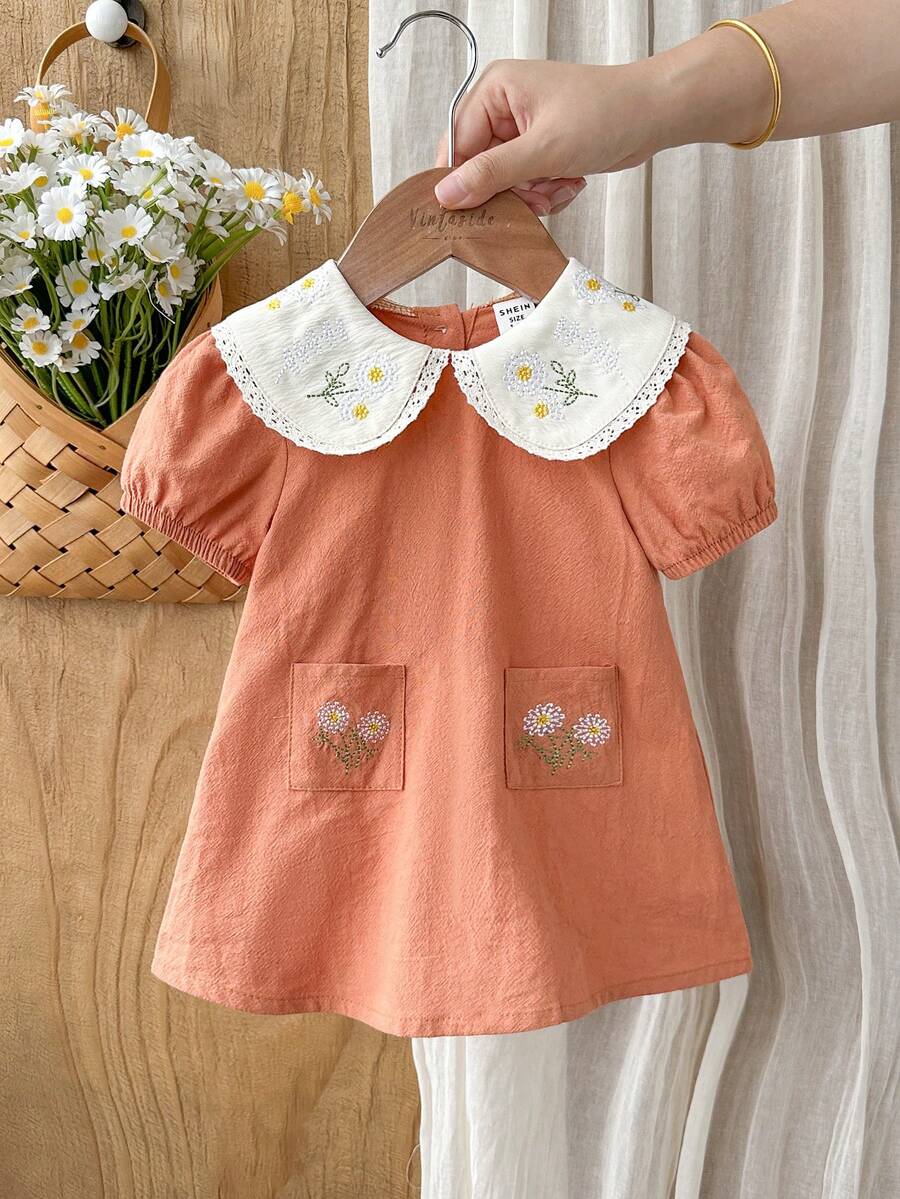 Vintaside Kids 新生女嬰花卉刺繡洋裝,鄉村風時尚優雅百搭可愛,春夏款柔軟面料 - 卡其色 - View 1