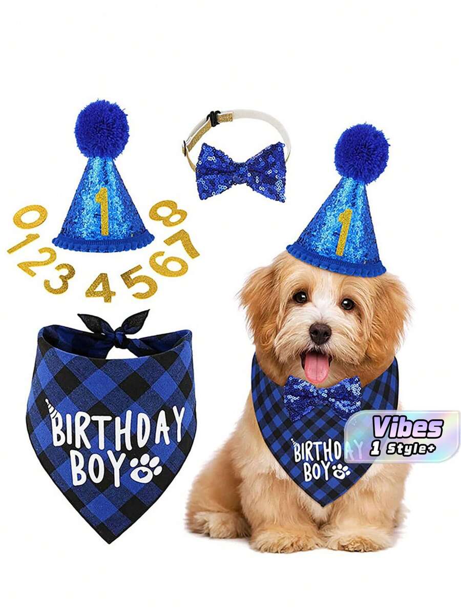 4件套标语图案宠物头巾、帽子和蝴蝶结套装,适合狗狗和猫咪生日派对 - 彩色 - 查看 1