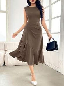 Modelyn Women's Solid Color Boat Neck Ruffle Hem Elegant Dress - Coffee Brown - View 7