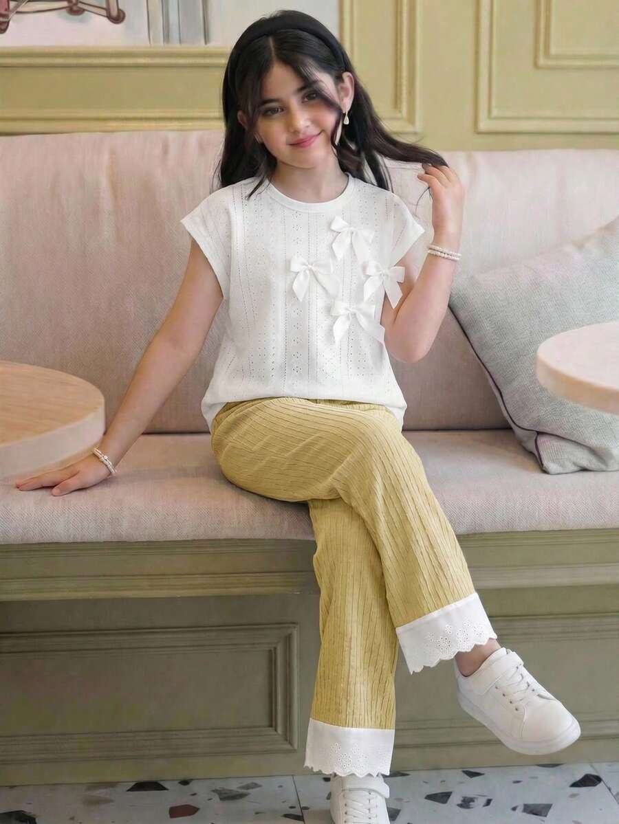 2pcs/Set Tween Girls' Summer Casual Tea Party Outfit,White Bow Decor Raglan Sleeve Knit T-Shirt And Yellow Striped Textured Straight Leg Pants - Yellow - View 1