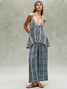 Bohemela Vintage Mixed Color Twist Rope Loose Knit Sweater - Blue and White - View 3