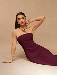 Silquee Women's Solid Color Bandeau Top And Mini Skirt Elegant 2 Pieces Set - Maroon - View 7