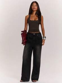 SHEIN BAE Black Metal Studded Eyelet Racerback Tank Top,Silver Sequin,Summer,Boyish,Music Festival,Casual Western Road Trip Outings,Clubs,Parties,Carnivals Tops - Coffee Brown - View 3