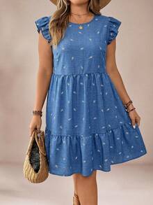 Comfylo Plus Size Women Round Neck Leaf Embroidery Ruched Casual Party Dress - Blue - View 3