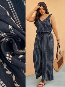 Elaquor Plus Size Summer Jumpsuit, Striped Wide Leg With Pockets Vacation Cruise Navy Blue Boho - Navy Blue - View 9