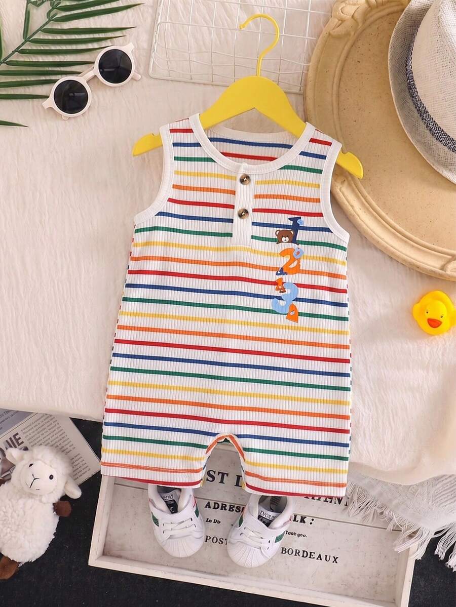SHEIN Baby Boy Striped Button Design Casual Romper - Multicolor - View 1