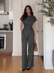 Firerie Conjunto de 2 piezas de camisa con estampado a cuadros y dobladillo asimétrico y pantalones de pierna ancha para mujer, adecuado para ir al trabajo, uso casual diario y ropa de negocios de moda/Conjunto de 2 piezas de ropa de otoño para mujer/Conjunto de 2 piezas para volver a la escuela/Conjunto de 2 piezas de ropa para profesoras - Gris Oscuro - Ver 2